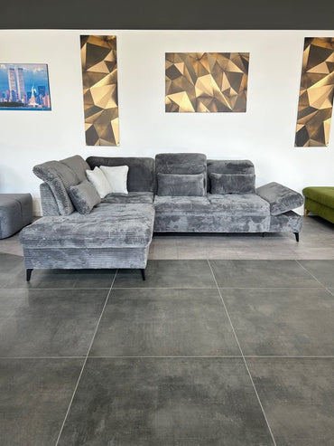 Designer-Ecke – XL-Cord Luxus in Grau mit Bett - Couch für Dich