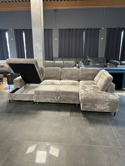 U-Form mit Bett und Bettkasten, XXL Cord