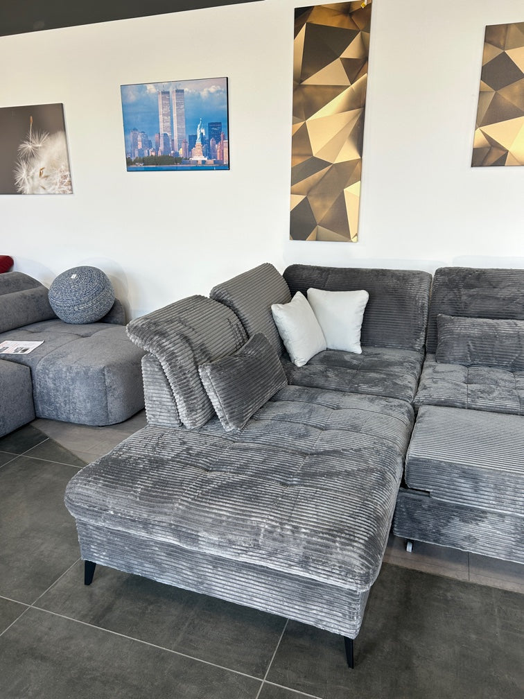 Designer-Ecke – XL-Cord Luxus in Grau mit Bett