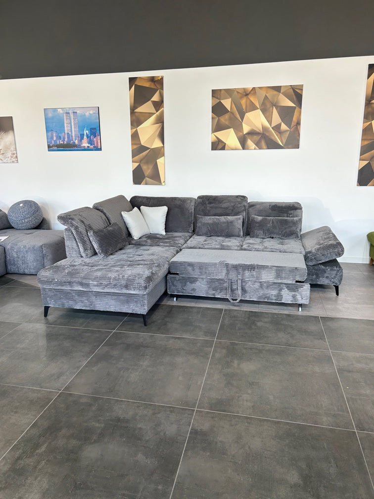 Designer-Ecke – XL-Cord Luxus in Grau mit Bett