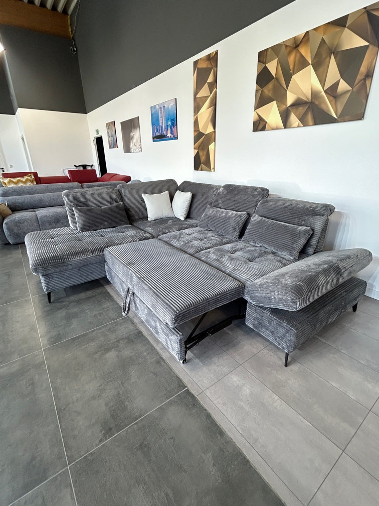 Designer-Ecke – XL-Cord Luxus in Grau mit Bett