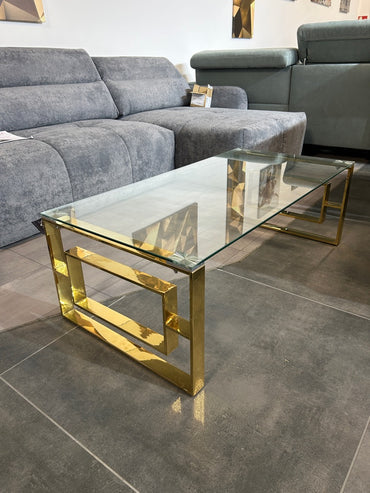Moderner Couchtisch – Glasplatte & Gold-Metallgestell