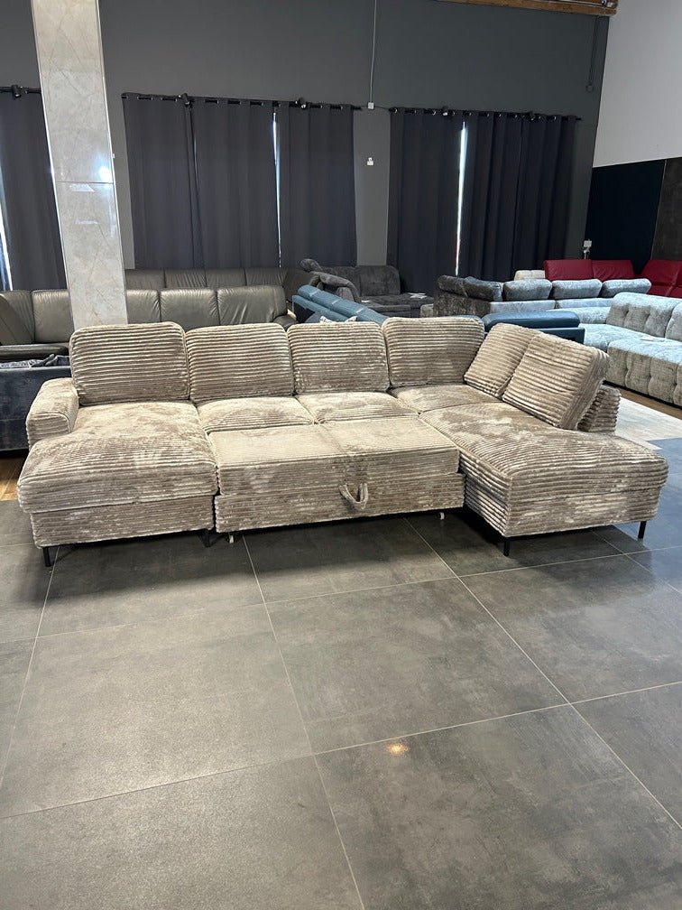 U-Form mit Bett und Bettkasten, XXL Cord – Couch für Dich