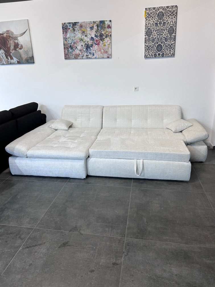 Polsterecke mit Bett, Chenille Stoff in Hellbeige